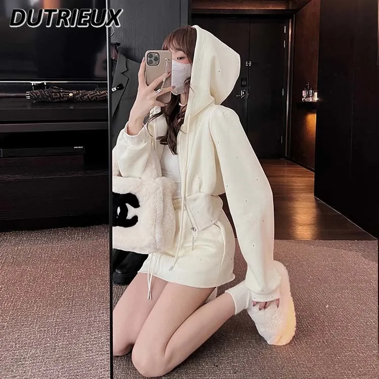 Korean Style Rhinestone Younger Hoodie Sweatshirt Suit Women\'s Autumn Slimming Design Short Skirt Two-Piece Set Outfits