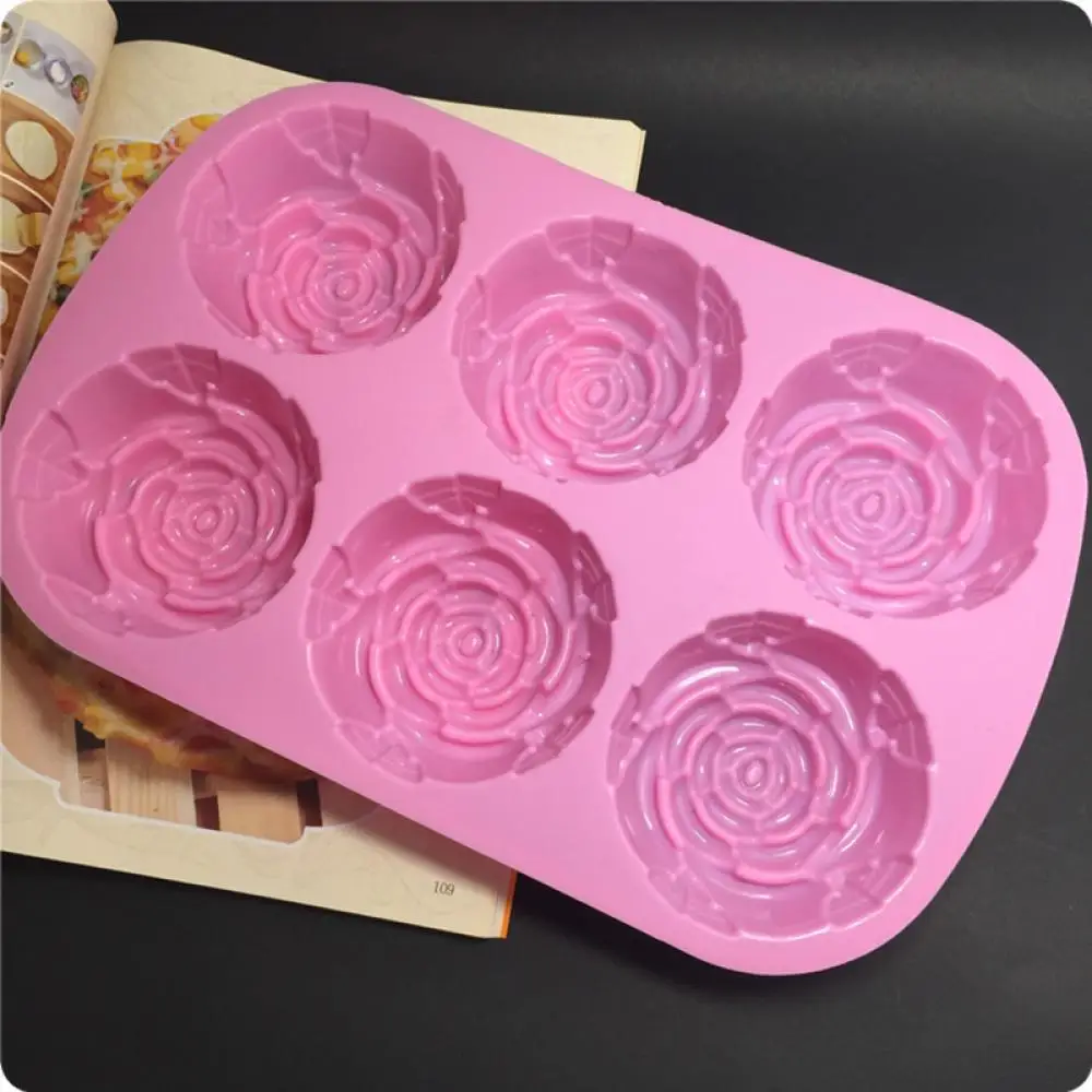 6 Holes Rose Flower Handmade Soap Candle Mold Silicone Cake Mold Bakeware Baking Dish Pan Muffin Mould Ice Cube Mold 2024 New