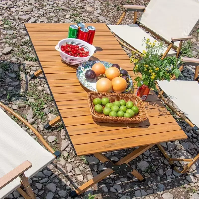 Portable Folding Camping Table Wood Grain Outdoor Egg Roll BBQ Leisure Furniture for Self Driving Travel Picnic Garden Use