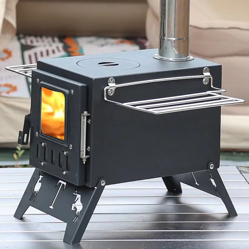 Portable Camping Wood Stove for Outdoor Cooking with Side Grill Rack Folding Legs Carbon Steel Tent Heater