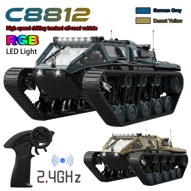 C8812 2.4G RC Tank Full Scale Tracked 360° Rotation Drift LED Light High Speed Off-Road Toy for Kids Gift