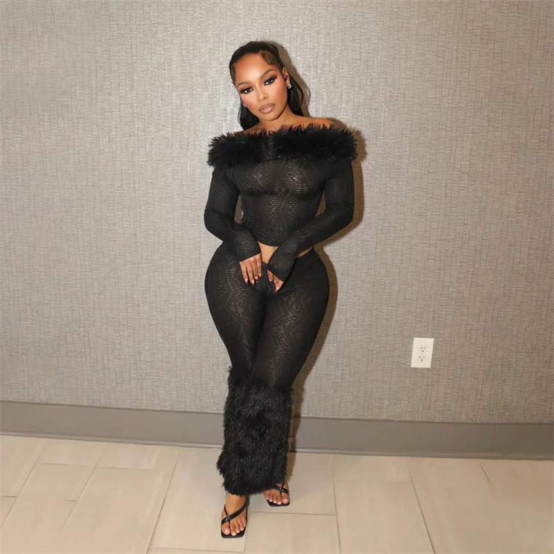 

New Black Knit Hole Two Piece Sets Women Sexy Club Feather Off The Shoulder Long Sleeve Top and Skinny Hairy Pants Party Outfits
