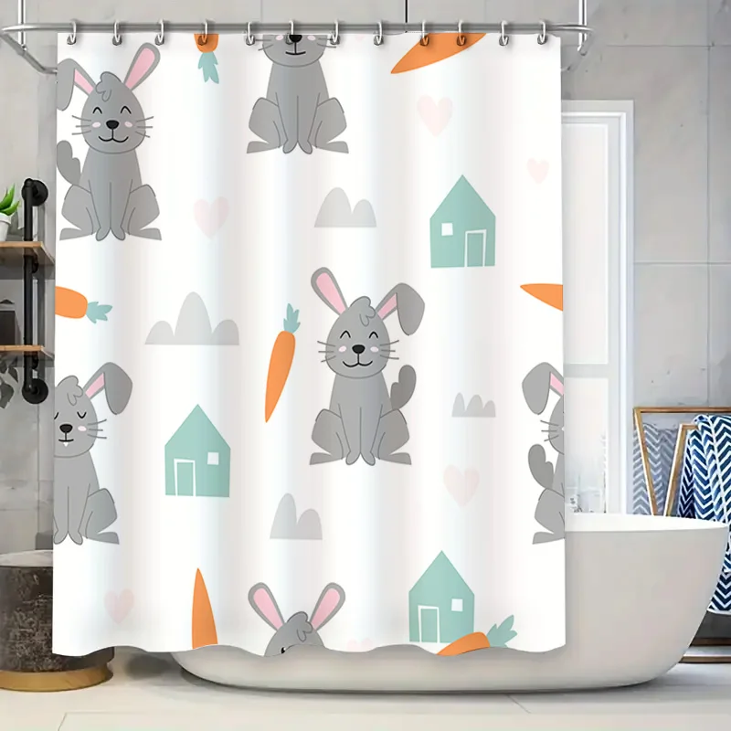 

Очаровательная занавеска для душа с кроликом и морковью для декора ванной комнаты, дизайн пастельных цветов с синими формами дома, идеальная идея для подарка!