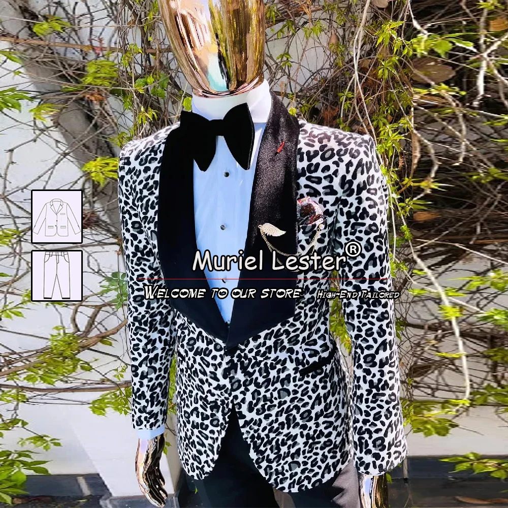 

Vintage Leopard Suits Men Single Breasted Blazer Tailore-Made 2 Pieces Black Lapel Jacket Pants Business Evening Party Dress