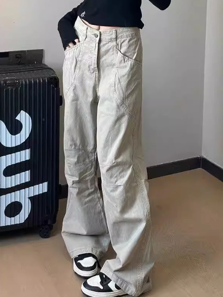 

Khaki American Retro Work Pants Loose Straight Leg Pleated Design Sensation Paratrooper Pants Slimming Flared Pants ex