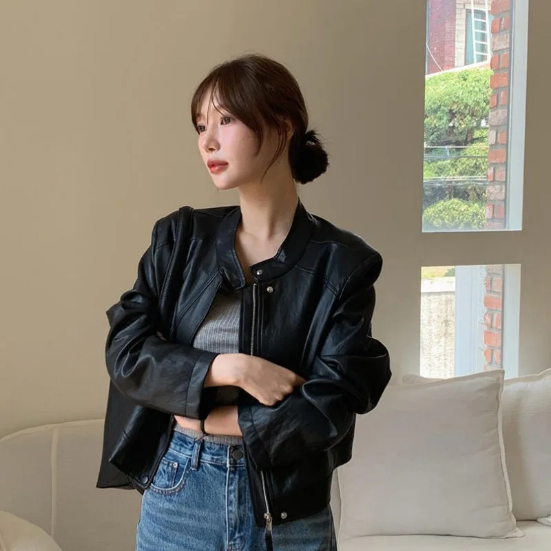 Sli rétro moto Jaet femmes rond Ne Pu cuir manteau automne hiver vêtements d'extérieur coréen Sle Street Faion
