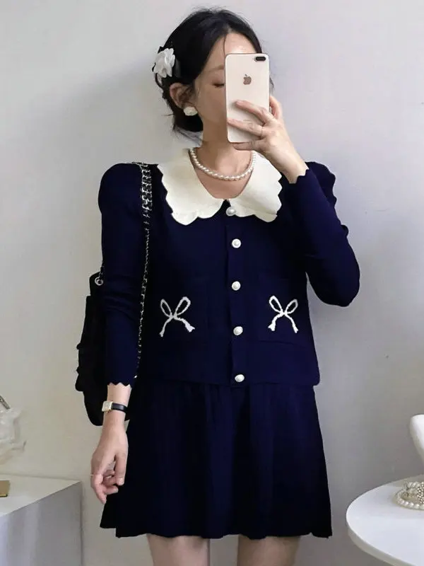 

Комплект Solowen: вязаный топ с длинными рукавами и жемчужными пуговицами, юбка с узлом, женский модный ансамбль для весны, осени и зимы