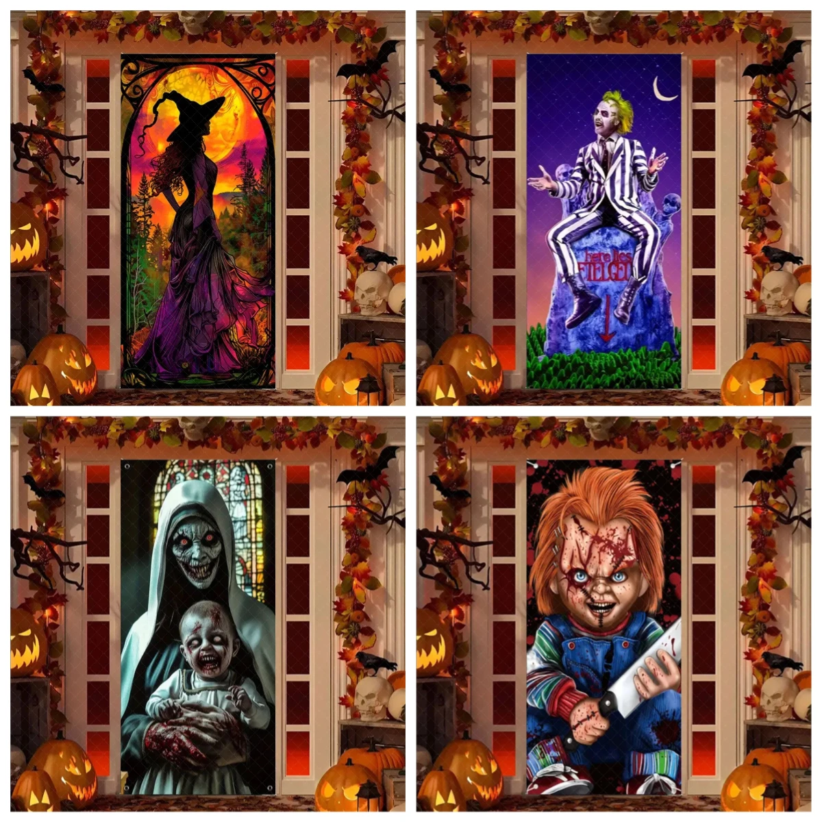 

Terrifying Halloween Party Decoration Witch Zombie Background Ghosts Joker Super Horror Photo Studio Backdrop Door Hanging Banne