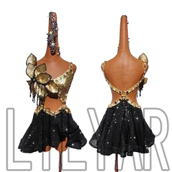 New Latin Dance Competition Performance  Adult Gold Three-Dimensional Flower Flash Diamond Black Sequin Skirt Dance Dress