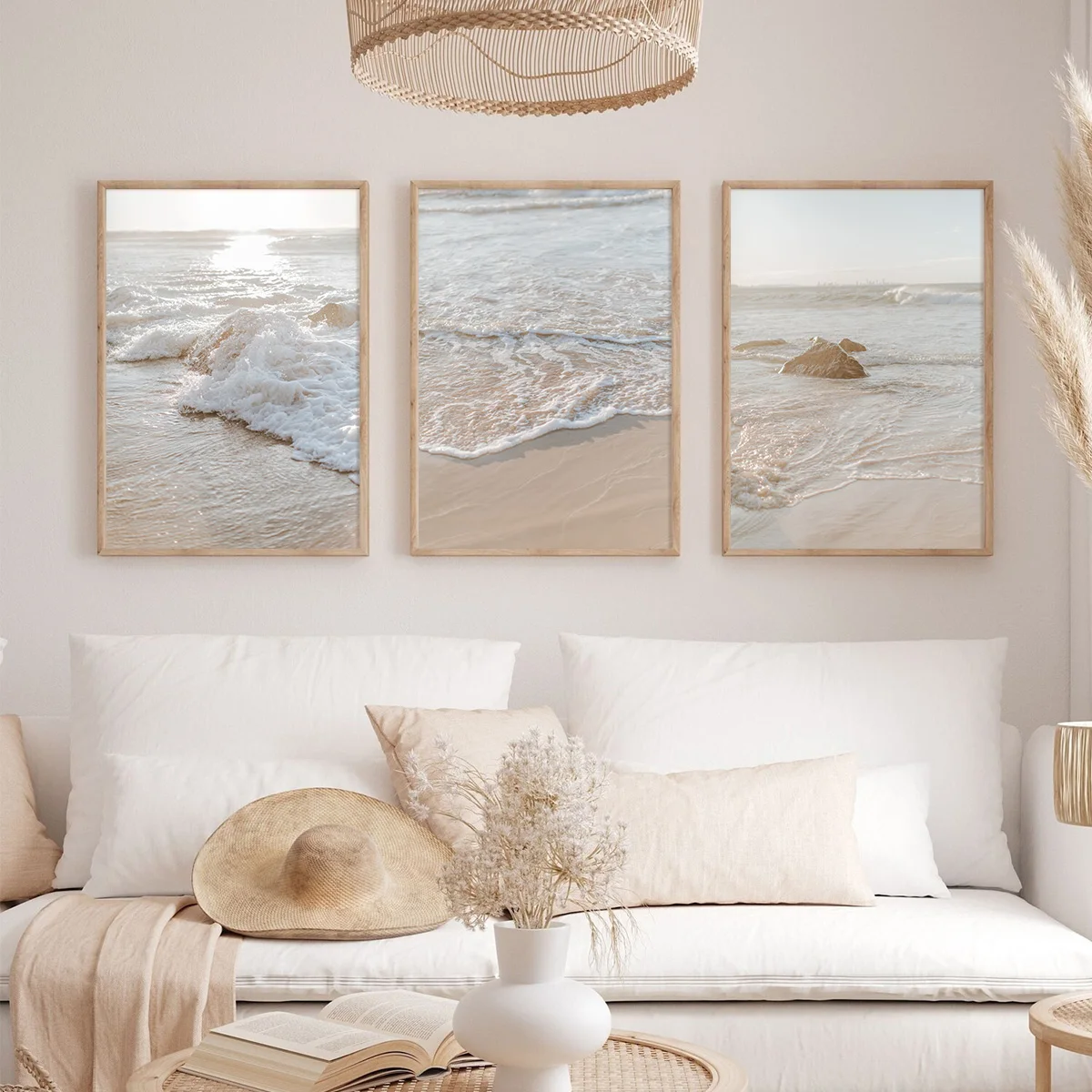 3PCS Neutral Beach Wave Canvas Wall Art, Soft Ocean Seaside Landscape Living Room Decor