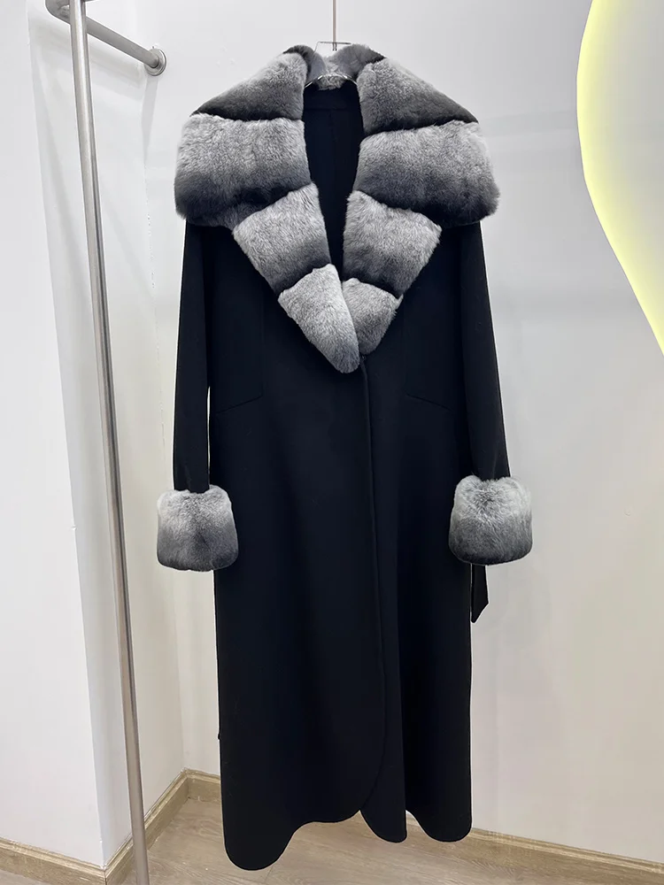 2025 New Winter Women Natural Rex Rabbit Fur Collar Wool Woolen Jacket Cashmere Long Casual Real Fur Coat