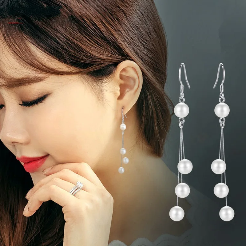 Elegant Vintage Long Tassel Drop Earrings for Women 925 Sterling Silver Jewelry with Shell Pearl Beads Fashion Female Ear Studs