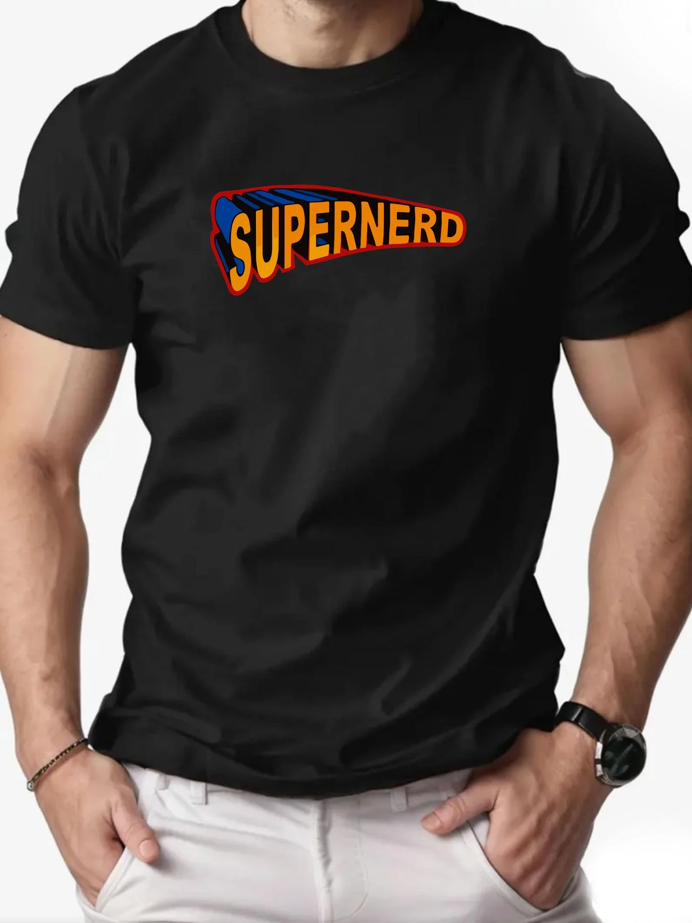 

Men T-Shirt Pure Cotton SUPERNERD English Alphabet Print Round Neck Breathable Short Sleeve Casual Summer Daily Wear Tee Top