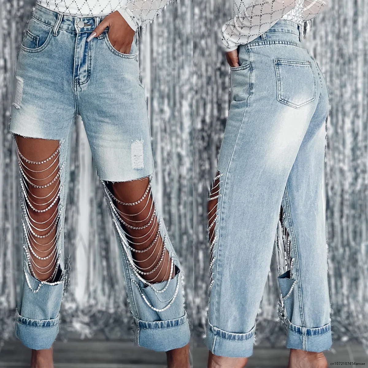 Rechte Jeans Broek Vrouwen Lente Zomer Gaten Diamond Rhinstones Effen High Street Hoge Taille Katoenen Denim Broek