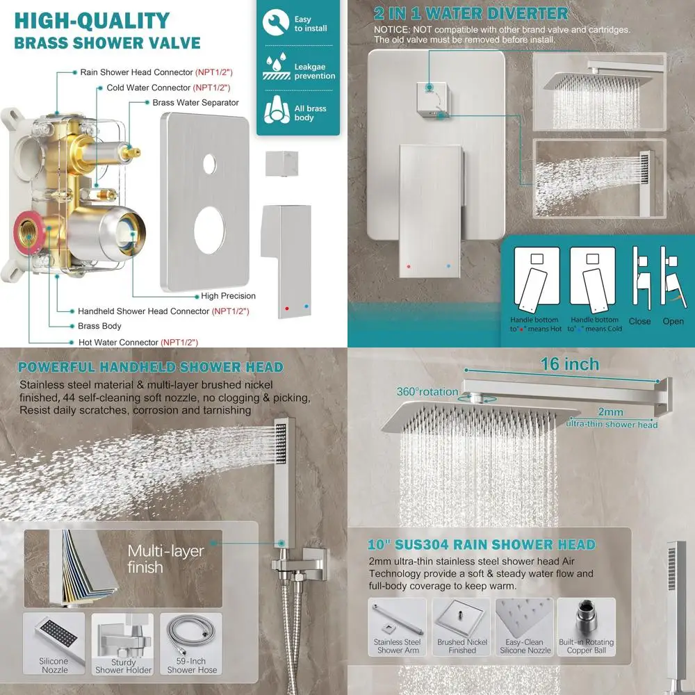 

10-дюймовая душевая система с эффектом тропического дождя и ручным душем, матовый никель, настенный комплект высокого давления