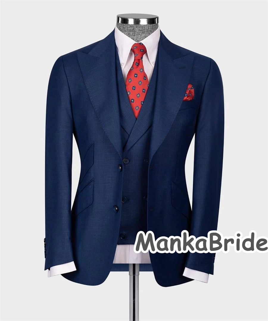 Classic Blue Full Men's Suit 3pcs Blazer Vest Pants Slim Fit Business Wear Formal Wedding Groomsmen Tuxedo Costume homme