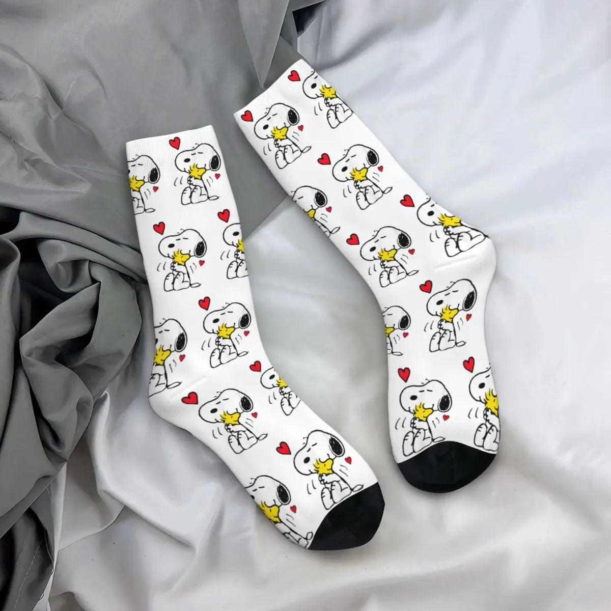 Calcetines de Snoopy y Woodstock para hombre y mujer, calcetín Unisex de tubo medio para monopatín, absorbe el sudor