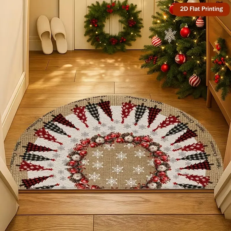 VIKAMA Half-Circle Christmas Doormat, Buffalo Check Tree Non-Slip Rug, Festive Entryway Porch Mat, Holiday Home Decor, Floor Mat