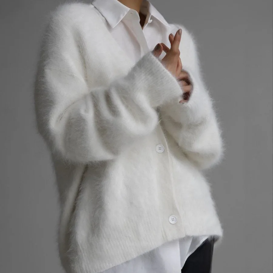 Autumn Fashion Imitation Mink Fur Knitted Cardigan Women Casual Long Sleeve Button Loose Sweater Lady Warm Knitwear Top