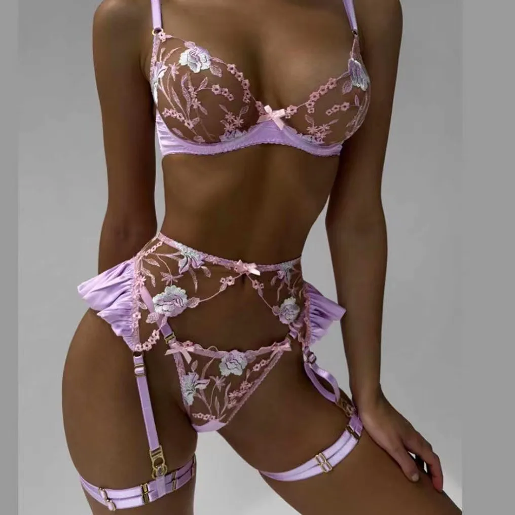 

New Bow Floral Embroidery Women's Sexy Lingerie Set Mesh Patchwork fluoroscopy Bra Underwire Set Four-Piece Erotic Clothing