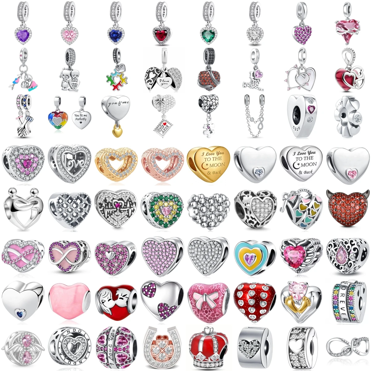925 Sterling Silver Love Heart Charms Beads Colorful Zircon Dangle Pendant Infinity Heart Large Hole Bead Fit Jewelry Gift