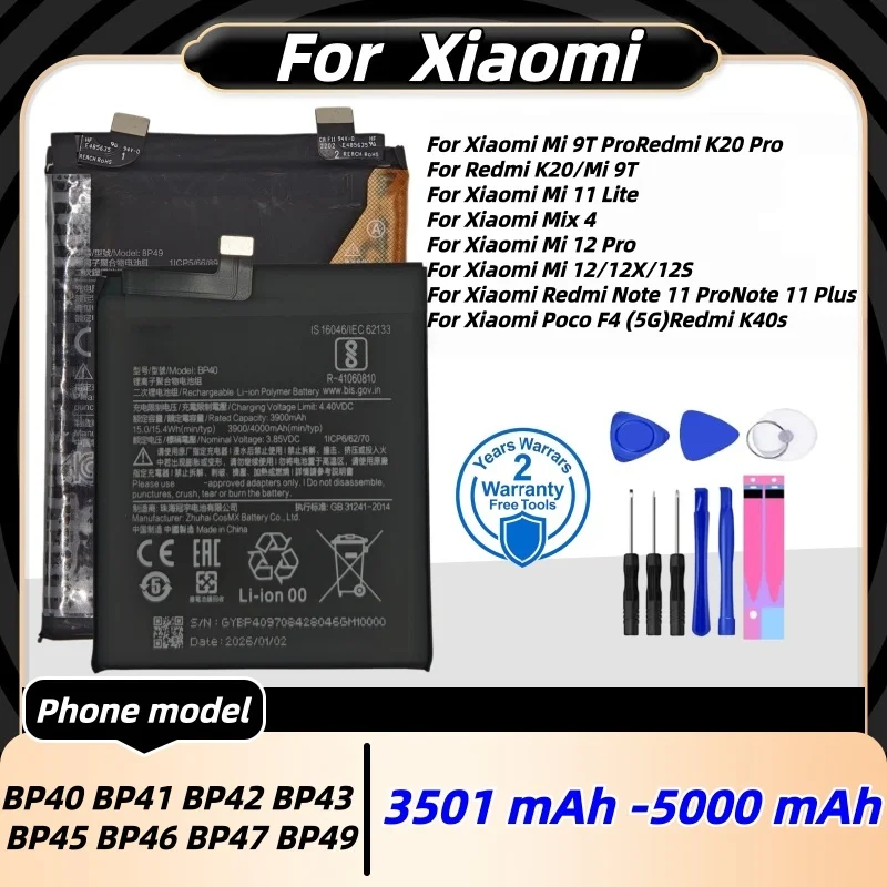 New lithium For Xiaomi  Mi9T/9TPro/11Lite/X4/Note11Pro/Note11Plus/12/12X/12S/12Pro/Redmi K4os Mobile phone battery replacement