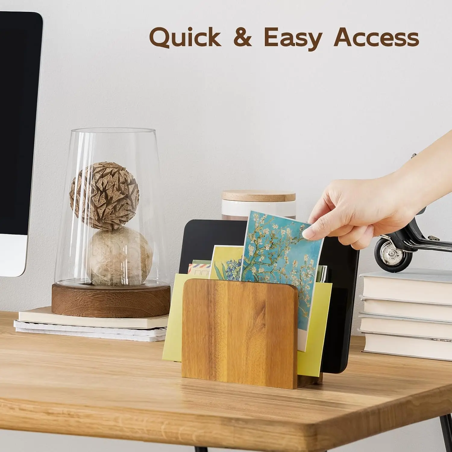 Acacia Wood Mail Organizer for Desk, Letter Holder for Countertop, Small Envelope Holder, Home Office Desk Accessories view 3