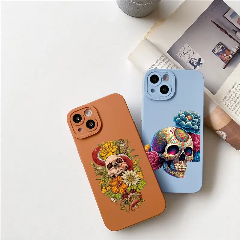 Fashin Skeleton Skull Flowers Pattern Phone Case For iPhone 13 11 12 14 Pro MAX XR X XS 7 8 Plus SE2020 Soft Silicone Back Cover