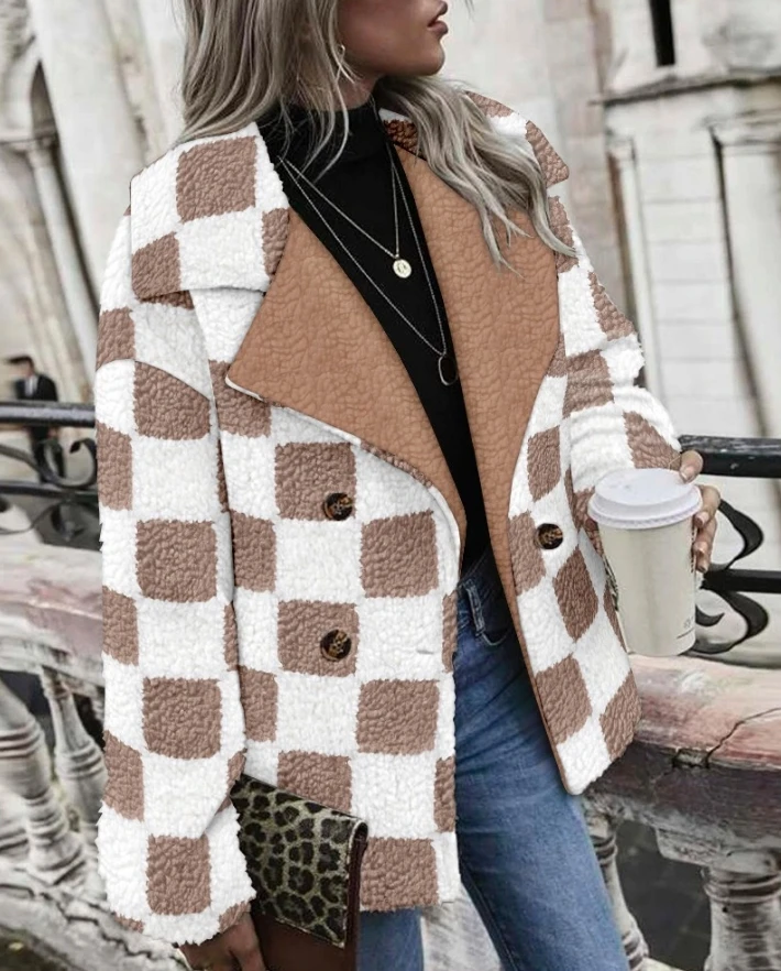 

Winter Coats Women 2024 Loose Elegant Contrasting Plaid Pattern Lapel Coral Fleece Coat Double Breasted Wool Lining Warm Jacket