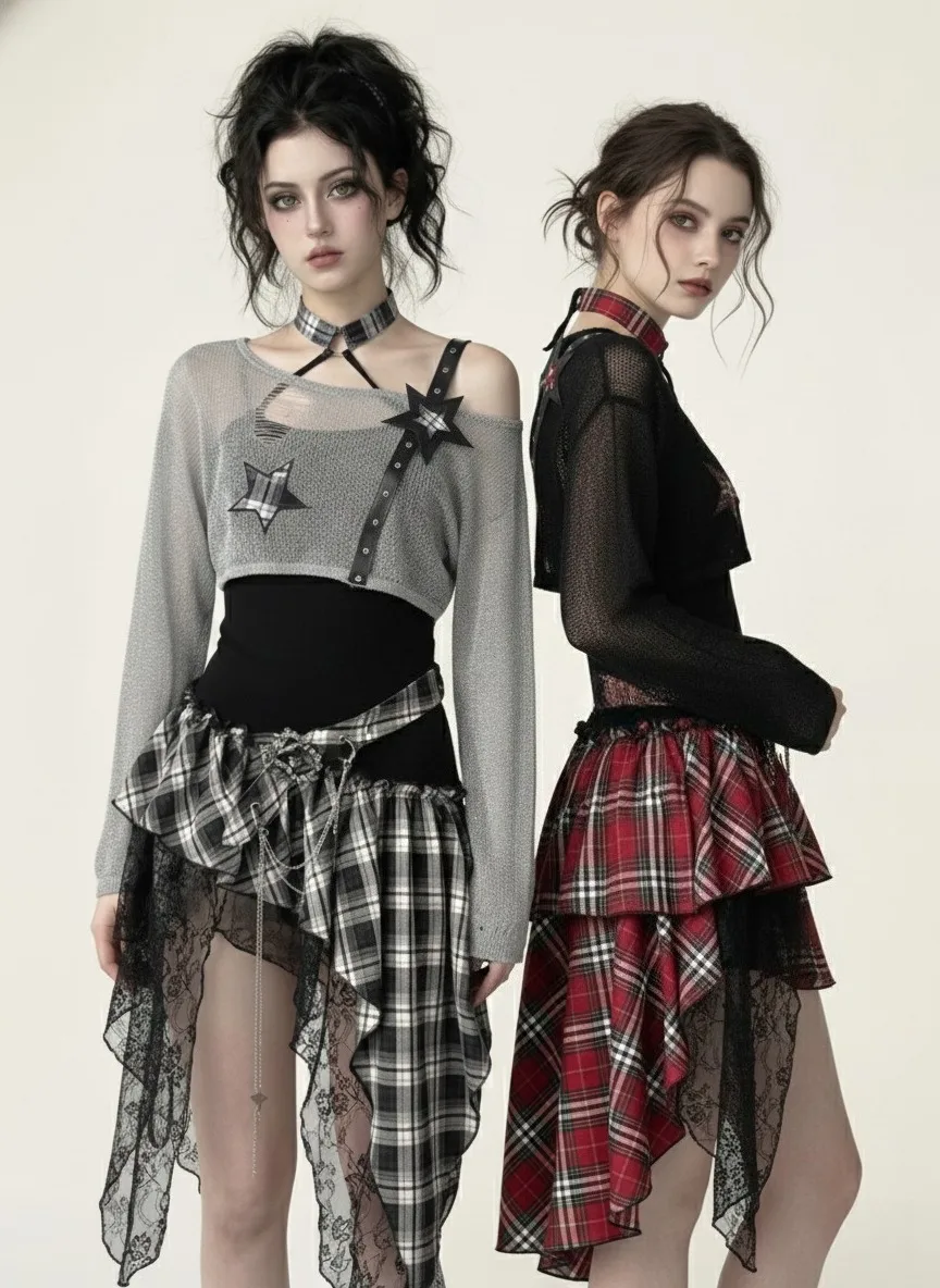 

Американский винтажный комплект из 2 предметов: укороченный топ-блузка в стиле Y2K + асимметричное платье. Корейская мода, ретро-костюмы, облегающий крой, готика, Харадзюку, весна.