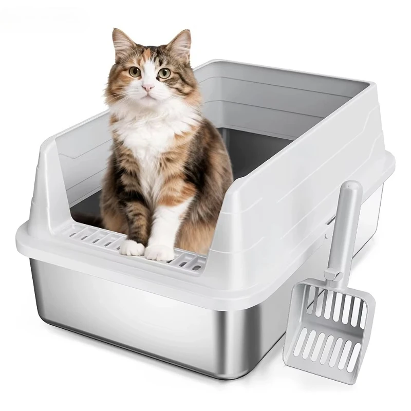 stainless steel cat litter box odor-free metal high side with shovel scratch-resistant cat litter box non-stick