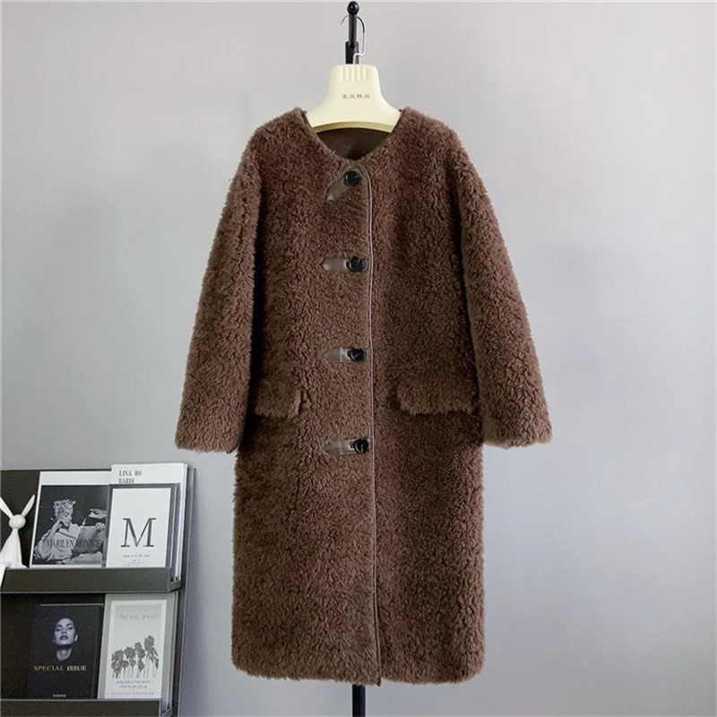 The Winter New Sheep Shearling Leather Wrapped Edge Long Jacket Women Curly Wool Hair Round Neck Warm Coat Parka PT448