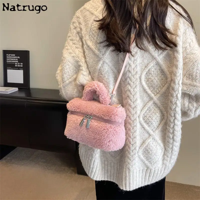 Winter Soft Plush Women\'s Small Shoulder Bag Faux Lamb Wool Ladies Bucket Crossbody Bags Cute Female Phone Pouch Purse Handbags