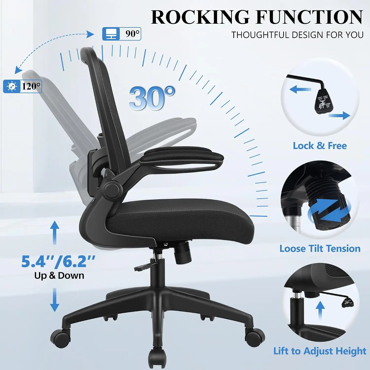 Ergonomic Mesh Office Chair with Lumbar Support, Adjustable High Back, Flip-up Armrests, Swivel Computer Desk Chair, Black view 4