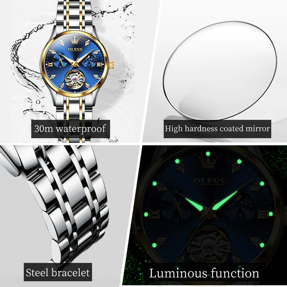 OLEVS 6608 Moonswatch Mechanical Watch For Women Hollow Original Diamond Luxury Wristwatch Waterproof Top Brand Woman Watches