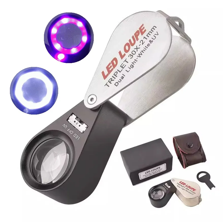 6LED & 7UV Light Illuminate Jeweler's Loupe Jewellery Magnifying Glasses Watch PCB Clock Repaire Antique Magnifier Gift Bag Box