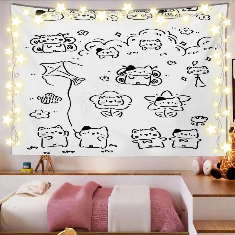 VIKAMA Kittens Sketch Doodle Art Horizontal Tapestry Wall Hanging for Apartment Cozy Aesthetic Elegant Stylish Home Decor