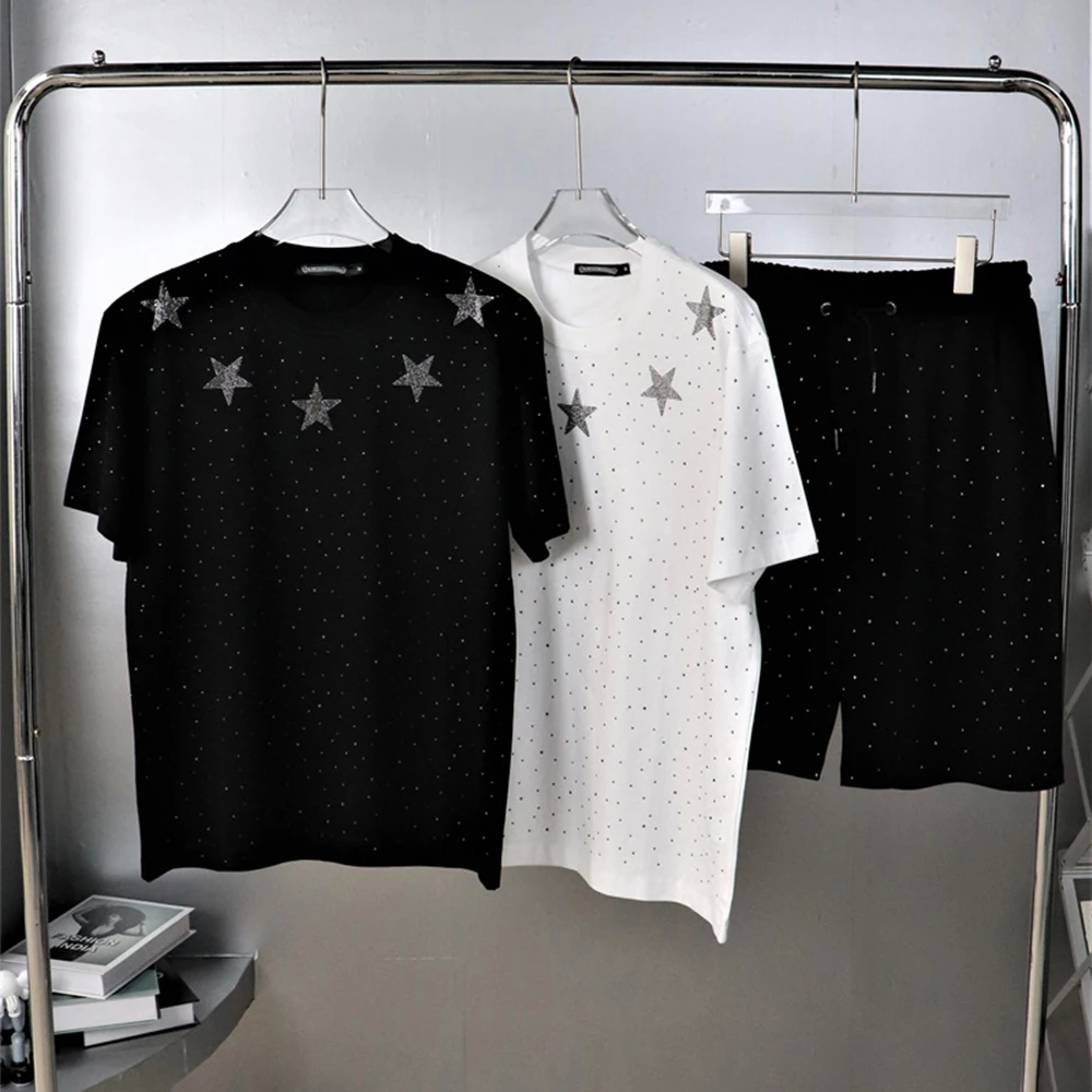 

Summer Street Fashion Brand Hot Diamond Collar Five pointed Star Full Body Starry Sky Short Sleeve T-shirt Oversize XS-9XL