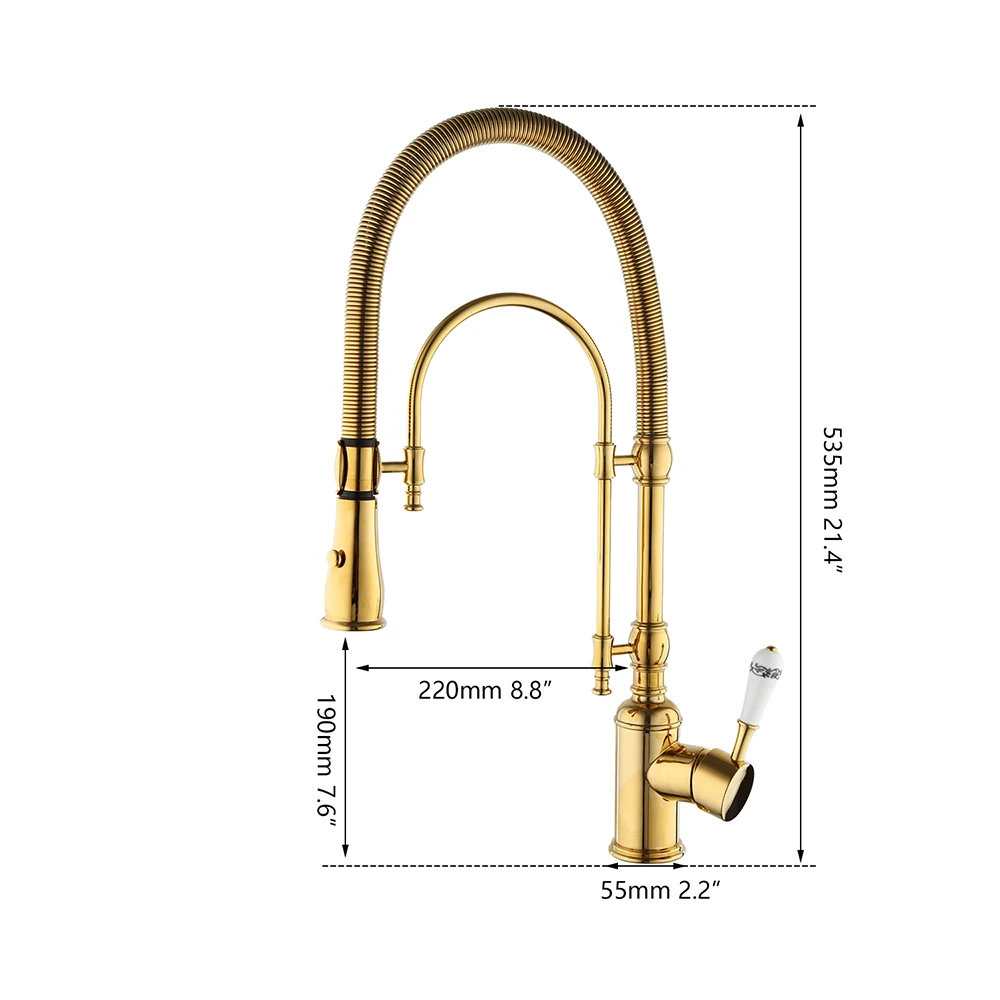 YANKSMART Golden Polished Spring Pull Down Kitchen Sink Faucet Hot & Cold Basin Crane Tap with Dual Spout Deck Mounted Mixer Tap