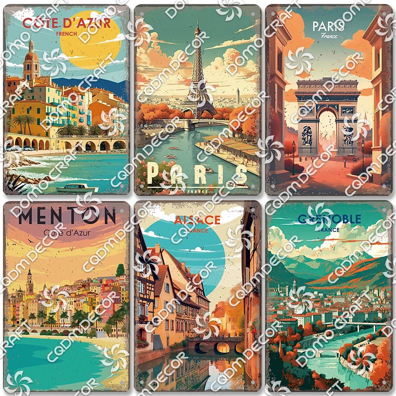 France City Buildings Poster Vintage Metal Tin Signs Paris Cannes Montpellier Metal Plate Wall Decor Living Room Home