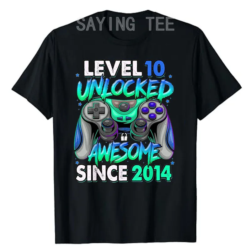 Level 10 Unlocked Awesome Since 2014 Gaming 10th Birthday T-Shirt Funny Video Game Gamer Graphic Tee Tops Boys Fashion Clothes