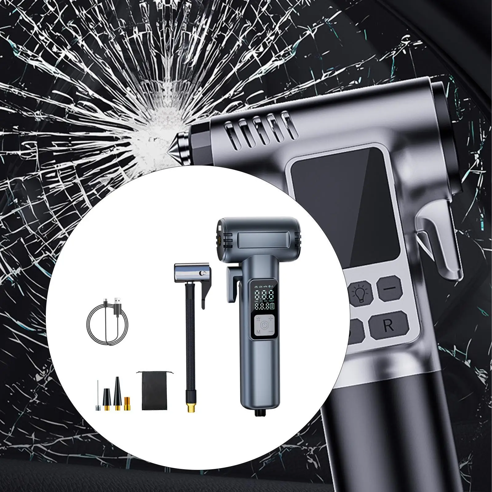 

Air Compressor Multipurpose Window Breaker Portable 7.4V DC 50W 0.2-10.3bai/3-150PSI Range Tire Inflator for Motor Ball Men