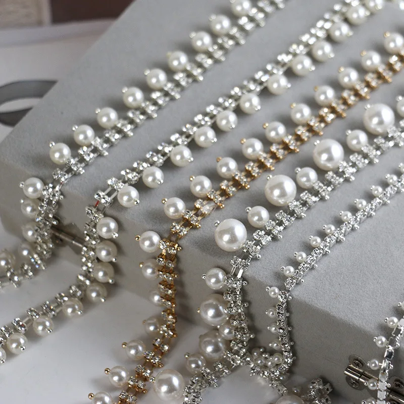 Double Rows Rhinestone Pearls Trim, Charming Crystal Stone, Gold Chain, Elegant Rhinestone Gemstone Patch, Dress Decoration