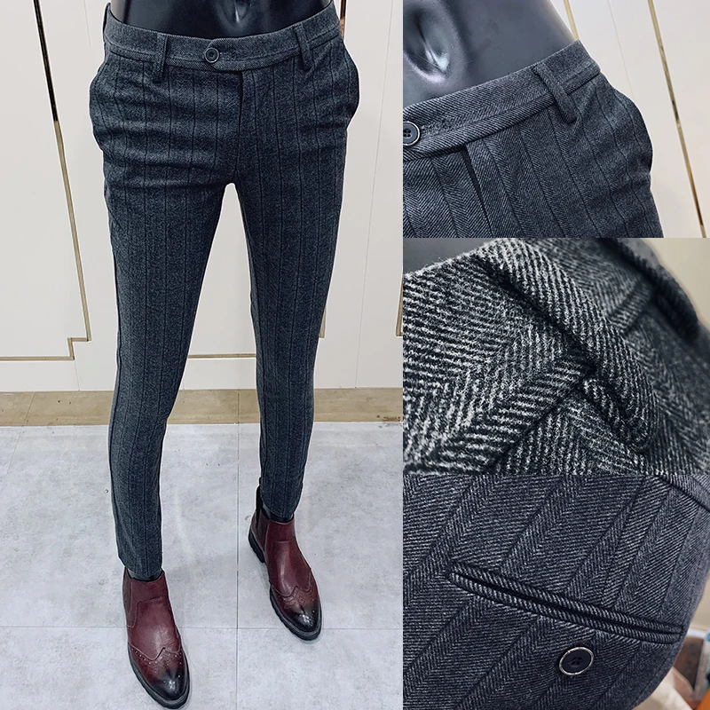 2022Autumn Winter Men Dress Pants Woolen Warm Business Formal Social Suit Pants Casual Slim Striped Fit Cigarette Trousers Men