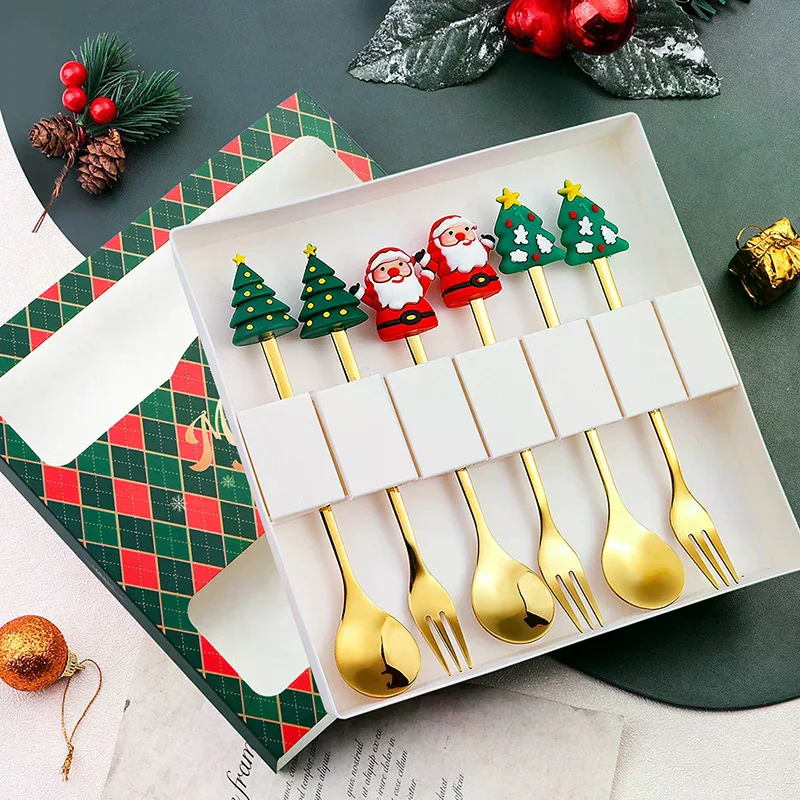 1/2/4/6PCS Stainless Steel Spoon Christmas Dessert Spoon Cake Fork Cartoon Christmas Tree Elk Spoon Fork Christmas Gift Box
