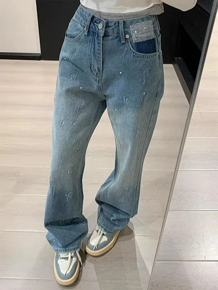 

Women's Korean Style High Waist Rhinestone Straight Leg Jeans Retro Slim Fit Stretch Denim Pants for Fall Streetwear