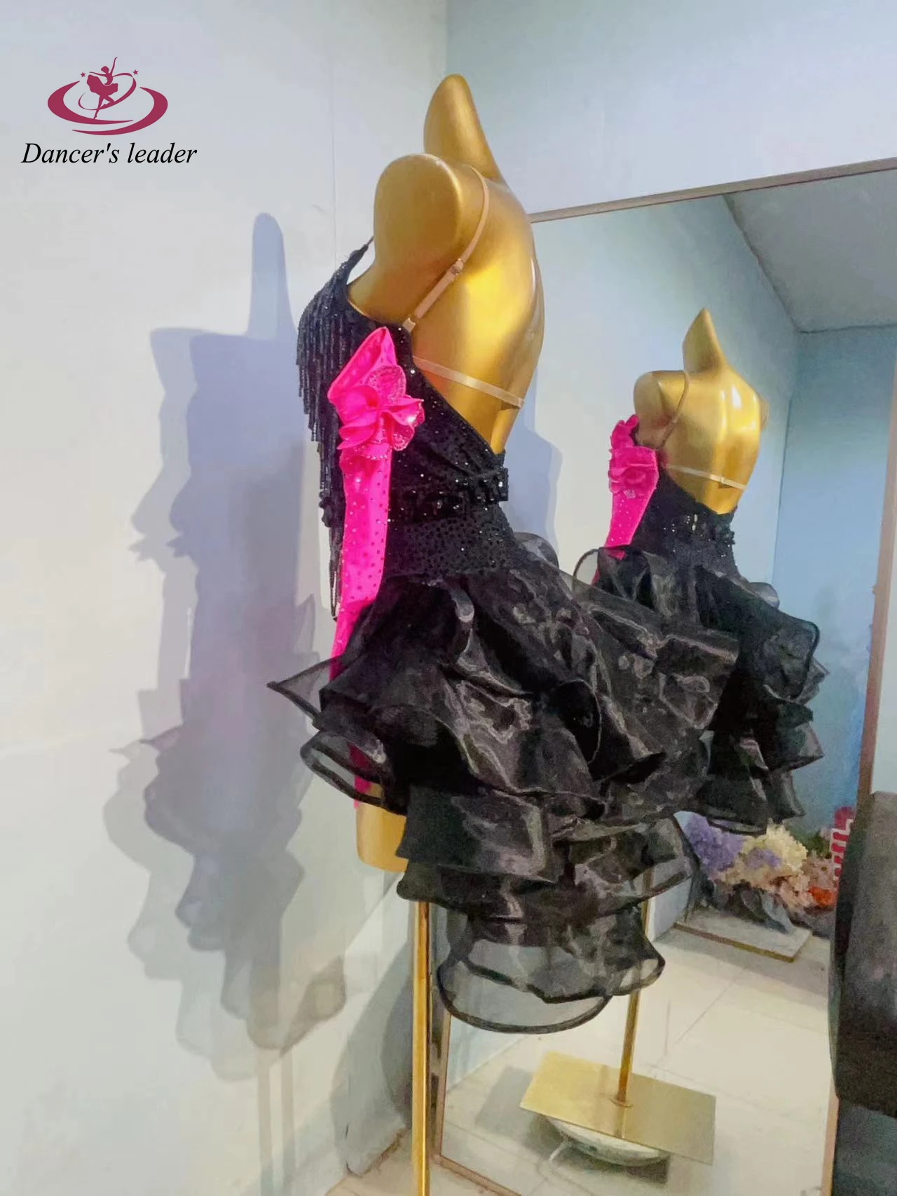 Latin Dance Practice Stage Women's Clothing High-end Custom Black Mesh Skirt Samba Rhinestone Clothing Dress