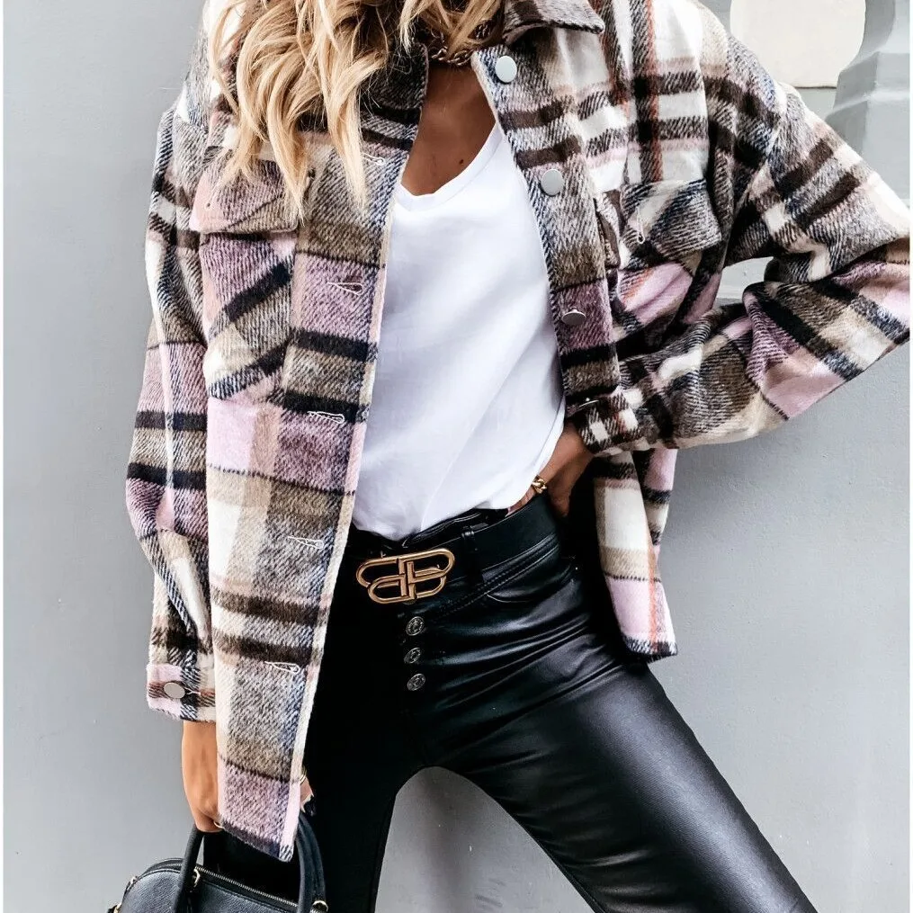 Autumn and winter cross-border European and American Wish women's new woolen shirt long sleeved plaid jacket for women