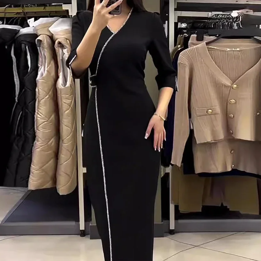 Dress Women Black Party Long Dresses Diamond V Neck Full Sleeve Split Elegant Splice Hot Drilling Vestidos Night 2024 Spring