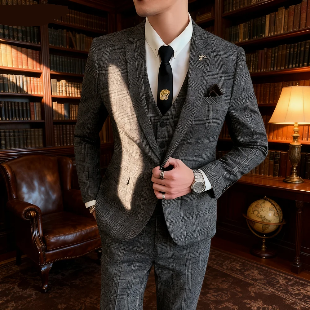 

7XL Italian Style Elegant Business Casual Hemp Terno Blazer Vest Pants Set Cotton Linen Blend Fitted Gentleman's Suit